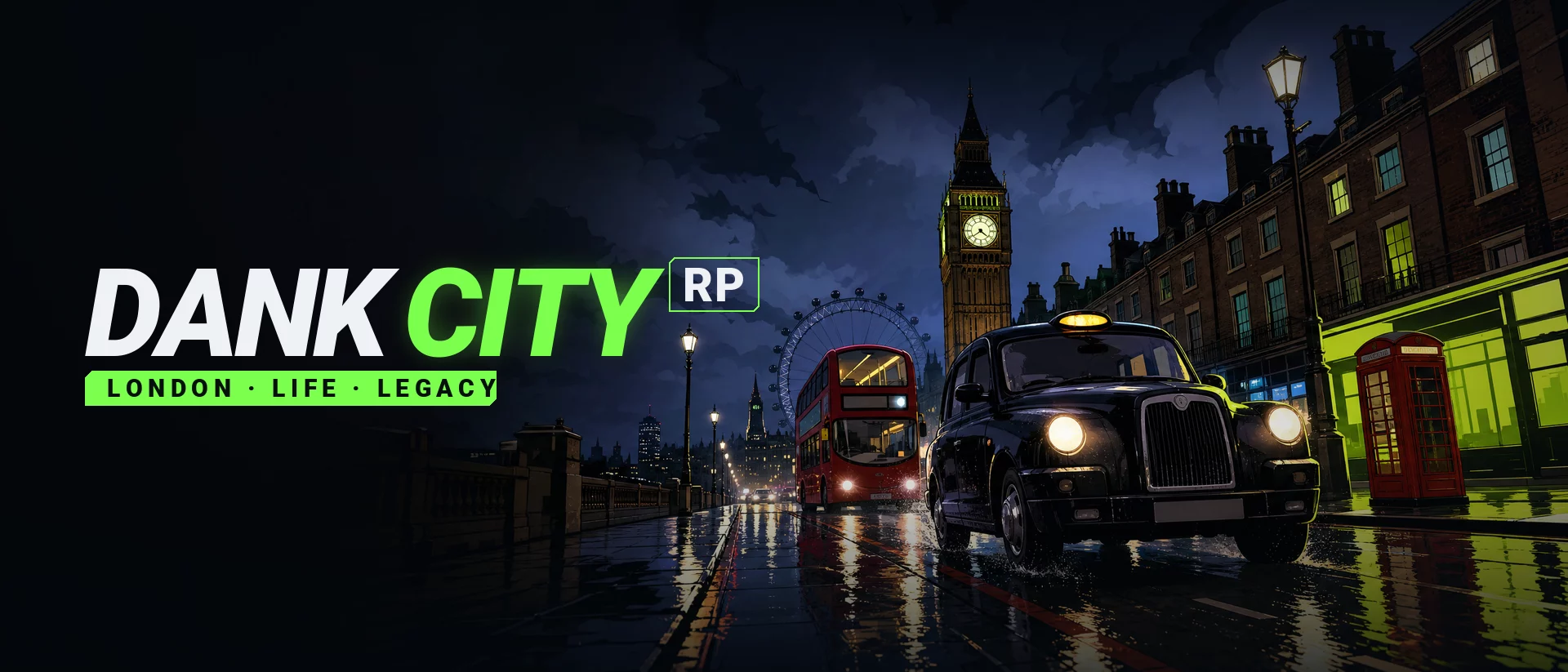 Dank City banner: an illustrated London street at night, black cab and routemaster, with the Dank City RP wordmark.